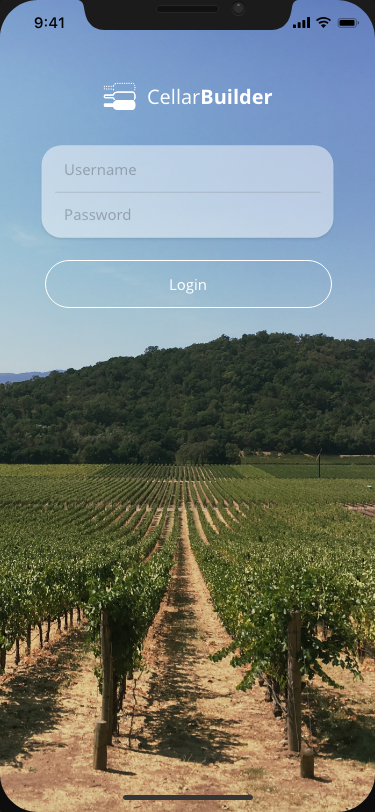CellarBuilder login screen with username and password fields over vineyard photography