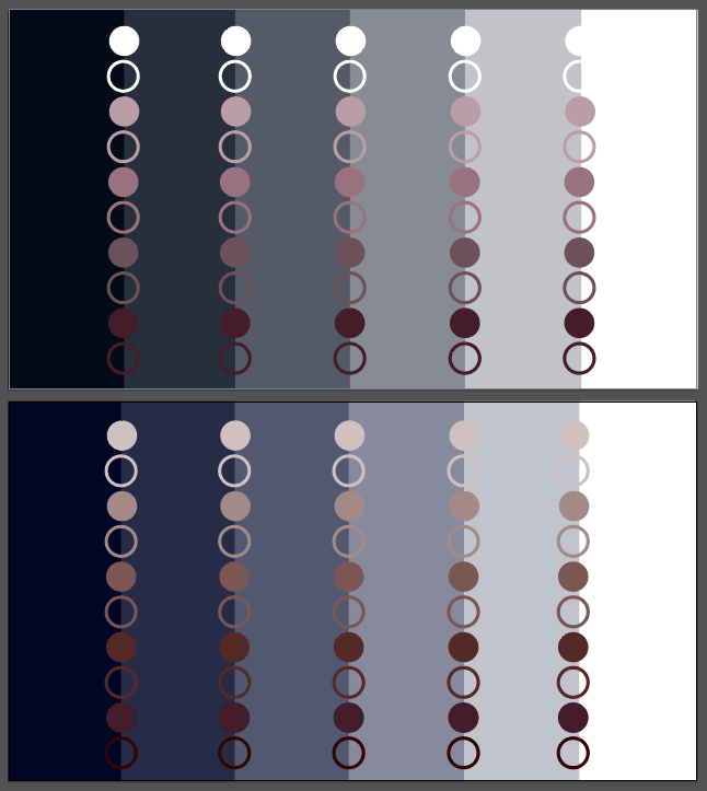 Circular mark grid in wine tones on graduated gray stripes