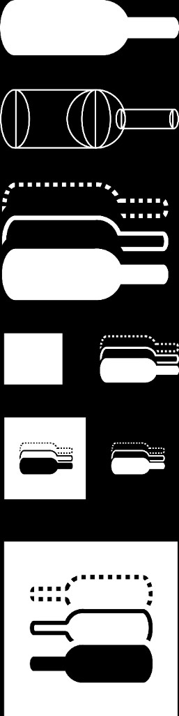 Vertical monochrome sheet of bottle icons and stacked mark variations