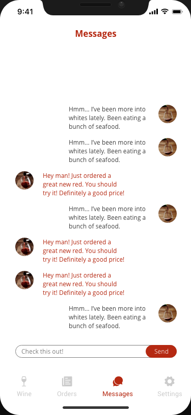 Messages chat between members about red and white wine preferences