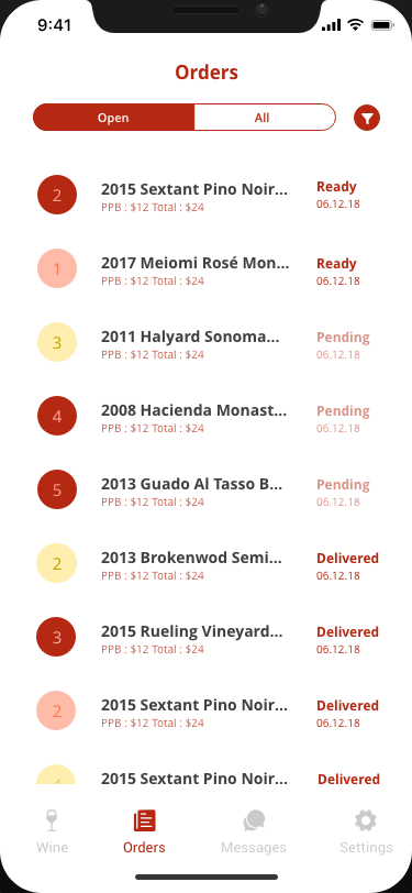 Orders list with wine names, price per bottle, totals, and delivery status