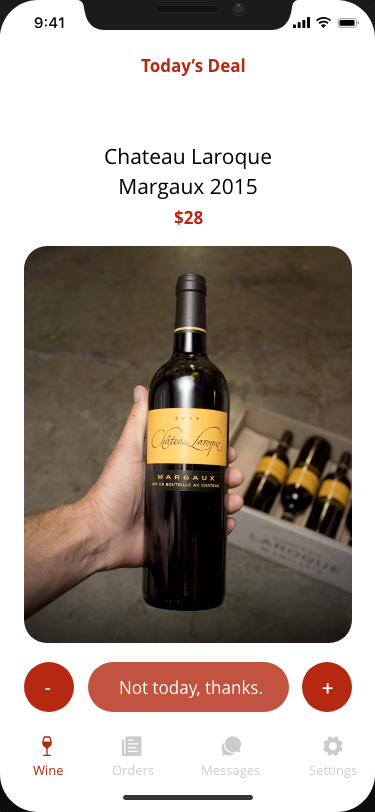 Today’s Deal screen showing Chateau Laroque Margaux 2015 with price and quantity controls