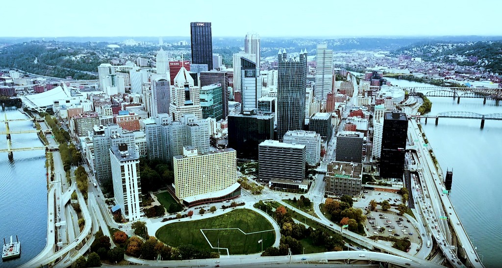 Aerial view of downtown Pittsburgh at the confluence of the Allegheny and Monongahela rivers