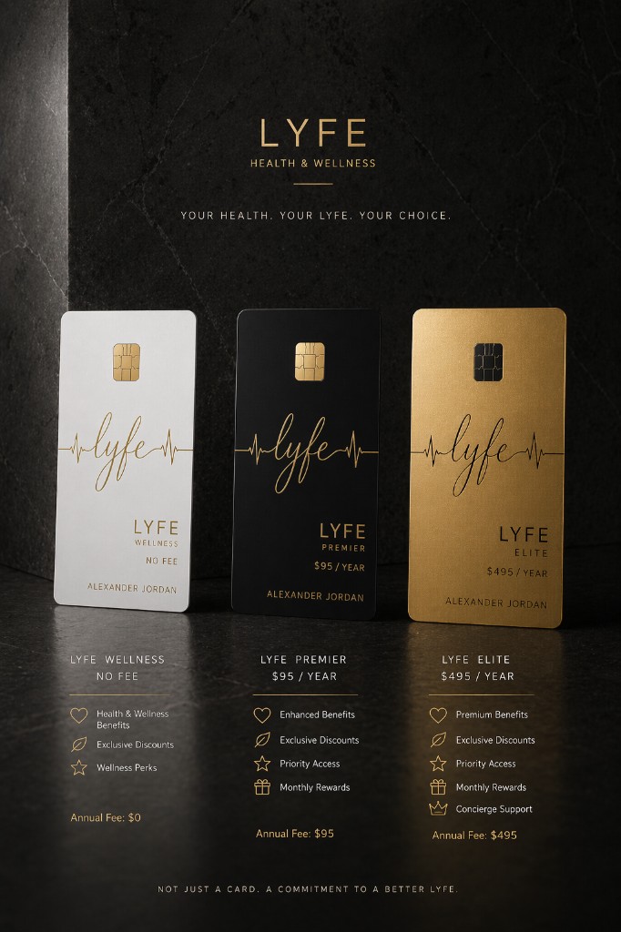 Three-tier LYFE credit cards with wellness, premier, and elite positioning against a dark stone set