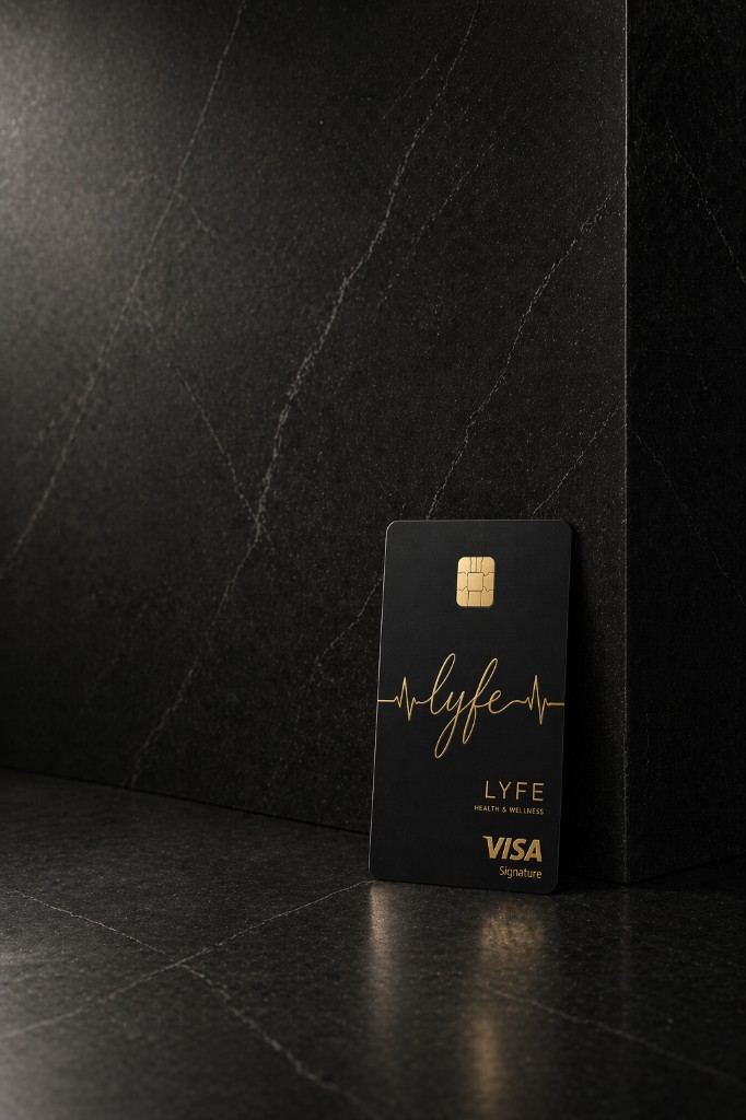 LYFE Visa Signature card with gold script logo and heartbeat line