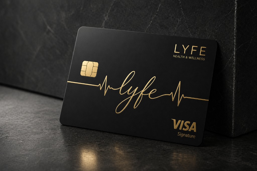 LYFE elite card in corner lighting on veined stone