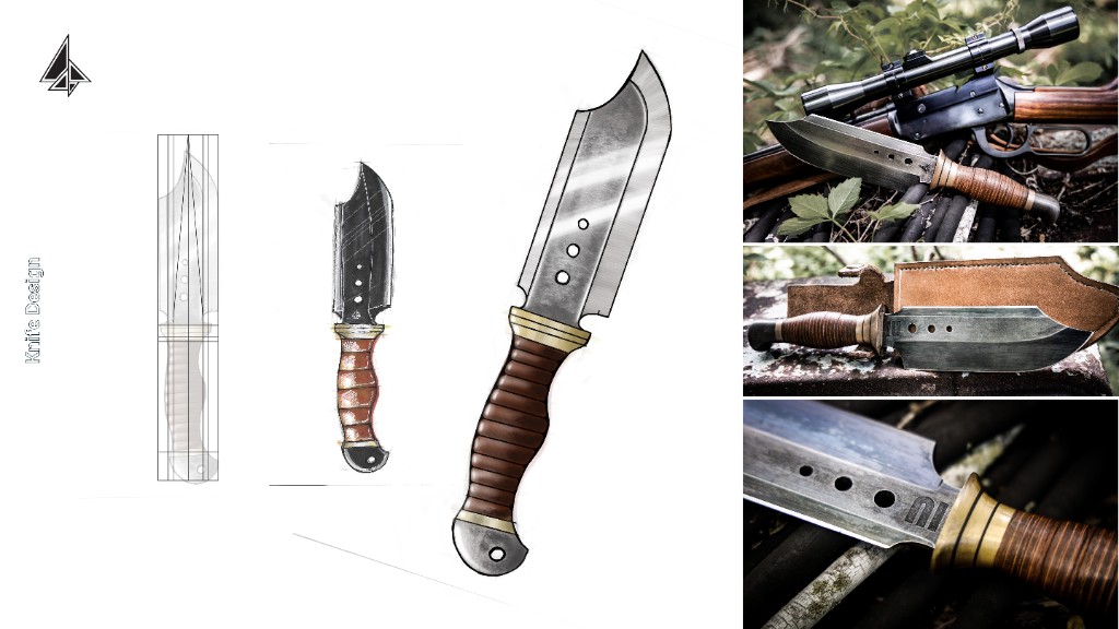 Knife design process board with sketches, renders, and product photos