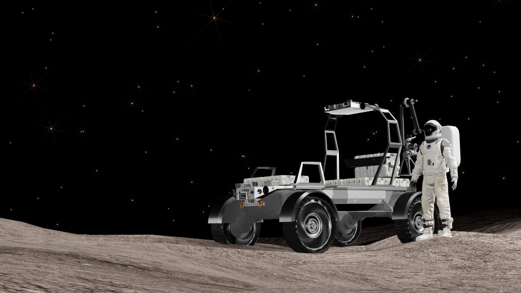 Isometric-style hero render of lunar rover and astronaut on the Moon.