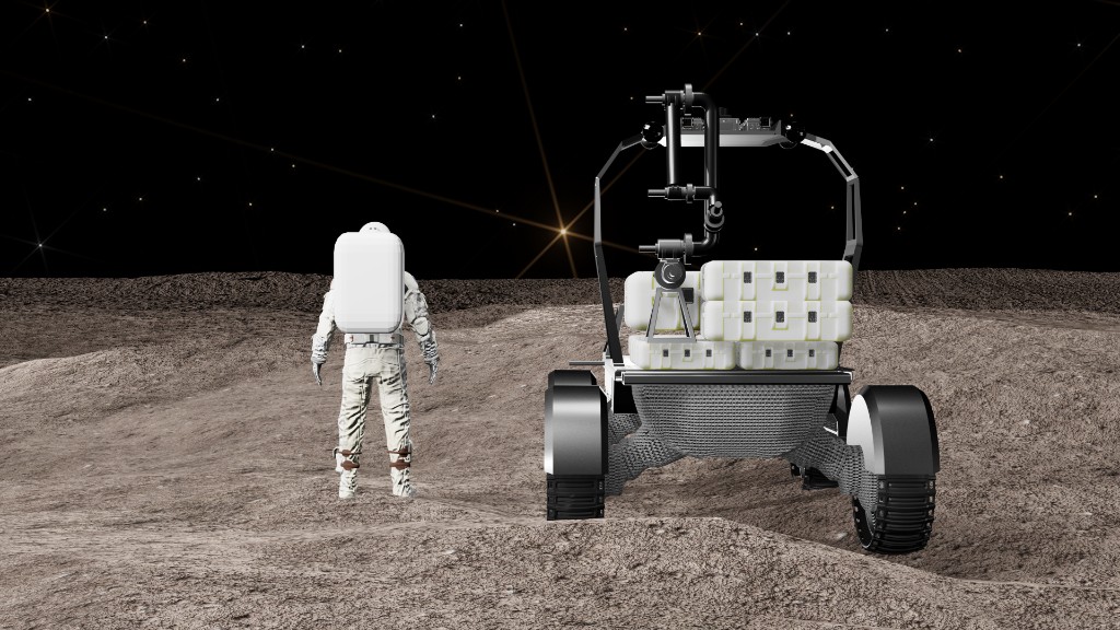 Rear view of lunar rover and astronaut under star field.