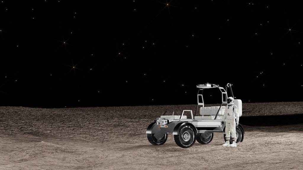 Wide cinematic render of a lunar terrain vehicle concept on the lunar surface with astronaut.