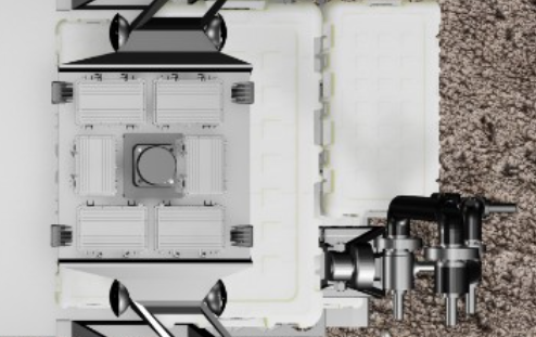 Top-down render of LTV deck with central hub and right-side distribution hardware cluster.