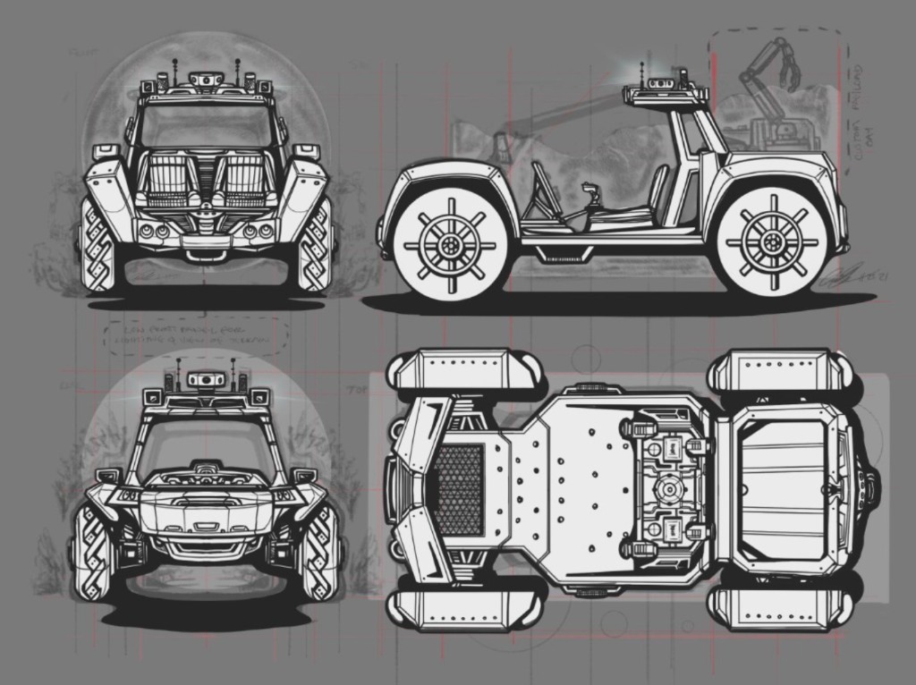 Primary four-view lunar terrain vehicle sketch with front, side, rear, and top orthographic views.