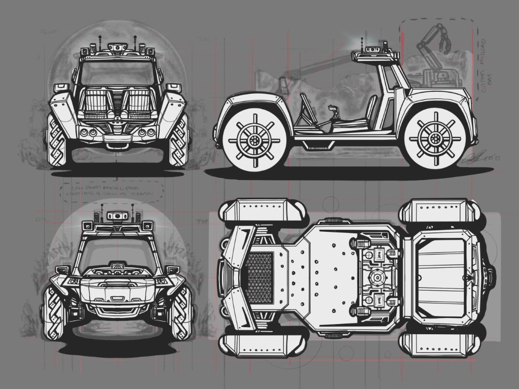 Four-view schematic: front, side, rear, and top of rover with handwritten notes.