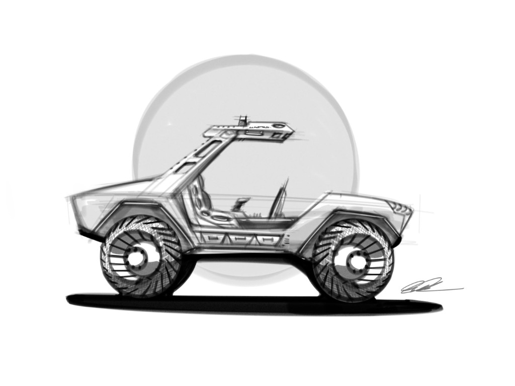 Side profile sketch of angular lunar rover with large moon circle behind.