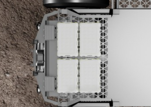 Top-down render of LTV rear storage bay with four white modular packs in a grid.