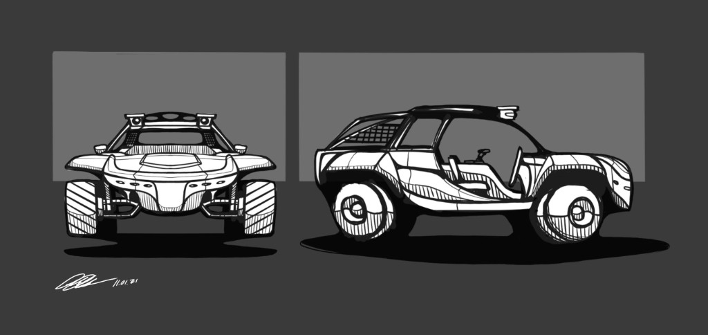 Front and side concept sketches of a lunar rover on gray panels.