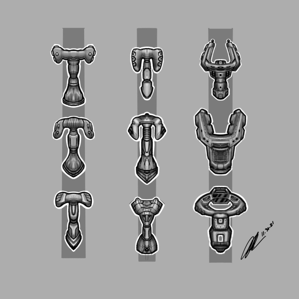 Nine industrial-design sketches of hand controllers and steering yokes in a 3×3 grid.