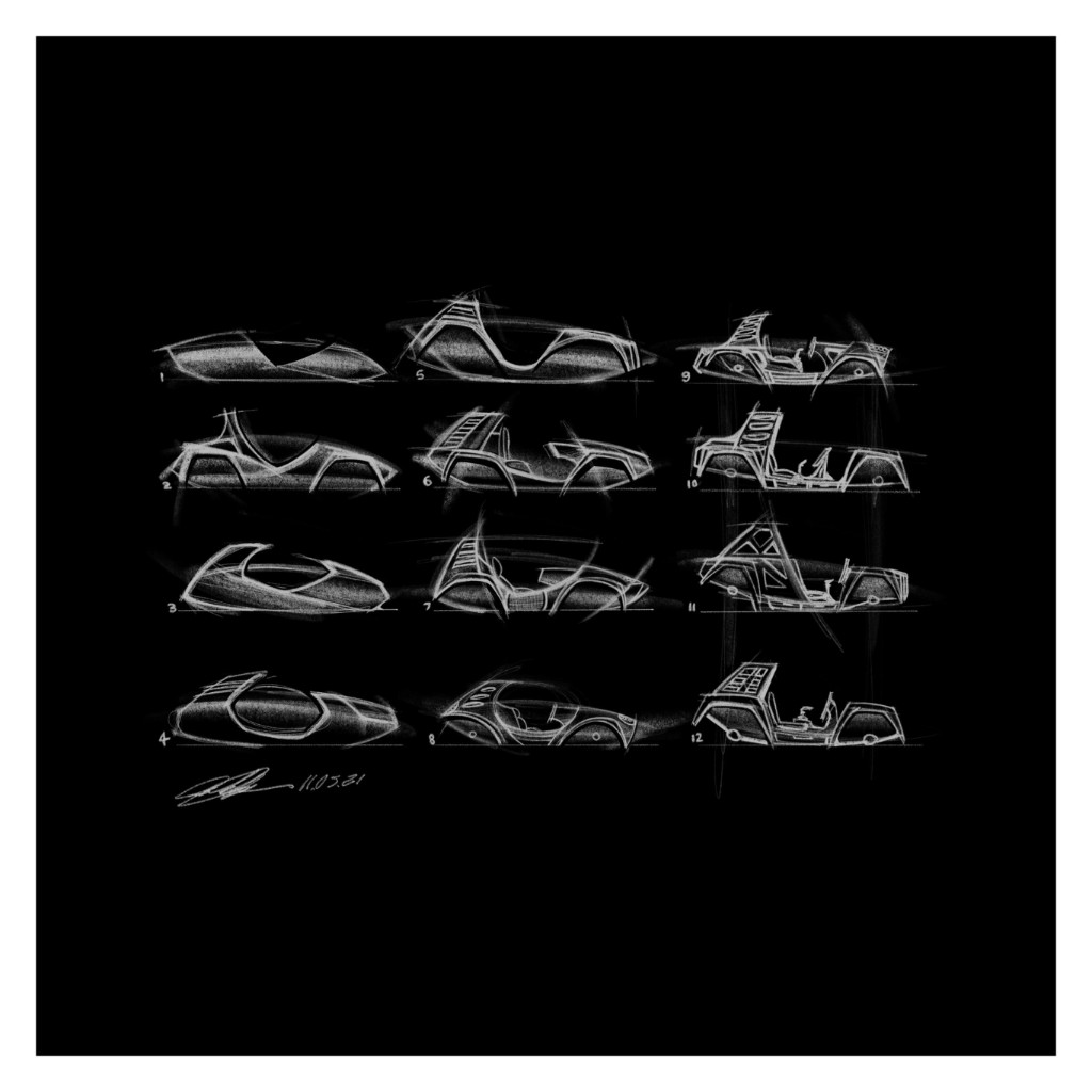 Twelve numbered side-profile concept sketches of a lunar rover on a black field.