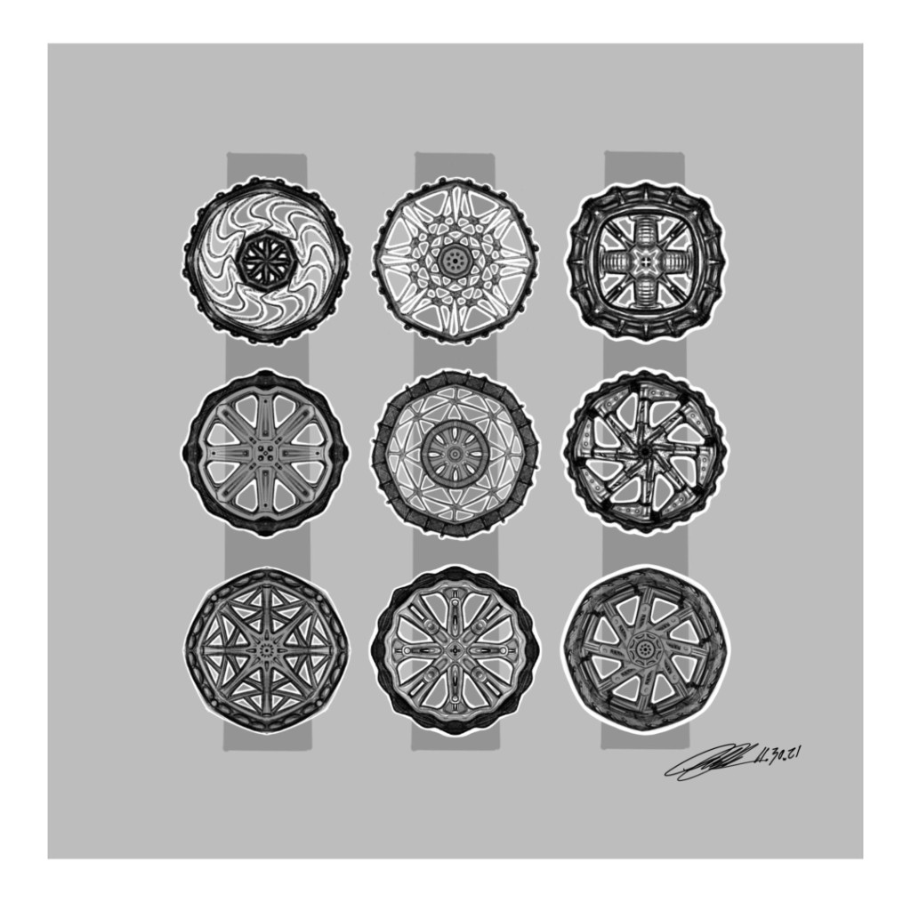 Nine circular lunar wheel concept sketches in a 3×3 grid with varied spoke and tread patterns.