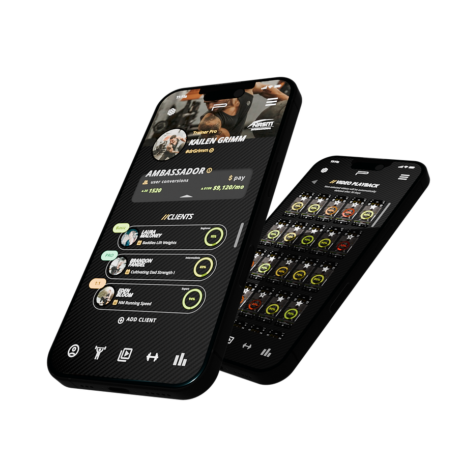 Two iPhones showing POSE trainer profile with client roster, NASM branding, and video playback grid with form score rings.