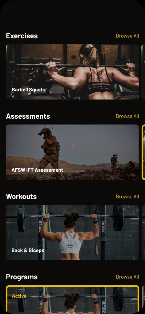 POSE Discover browse view with Exercises, Assessments, Workouts, and Programs.