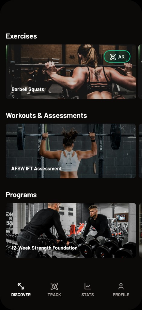 POSE Discover screen with Exercises, Workouts & Assessments, and Programs carousels.