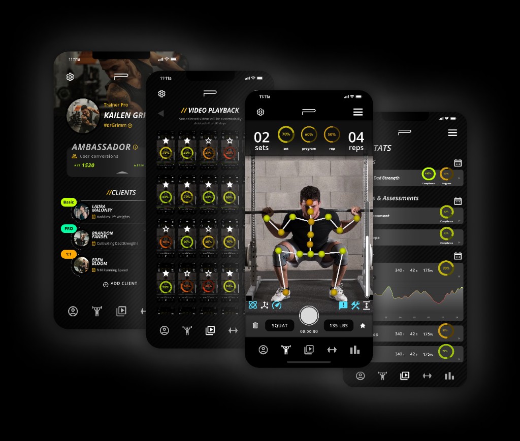 Composite of POSE screens: trainer dashboard, video library, live tracking, and stats.