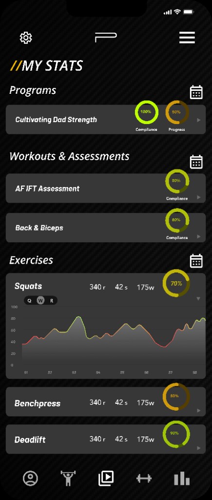 POSE My Stats with programs, workouts, and Squat performance graph.