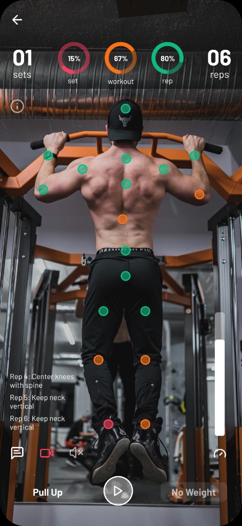 POSE Track camera view with squat, AI joint overlay, and rep metrics.