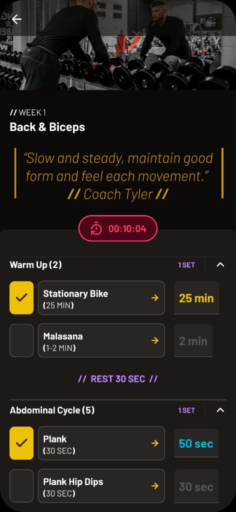 POSE Back & Biceps workout in progress with warm-up checklist and coach quote.