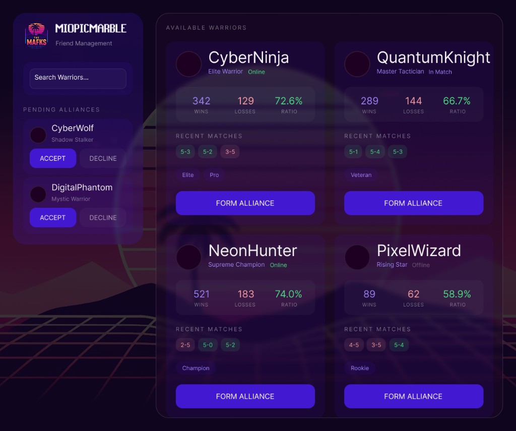 Stream Battles UI concept with alliance cards, profile metrics, and action states.
