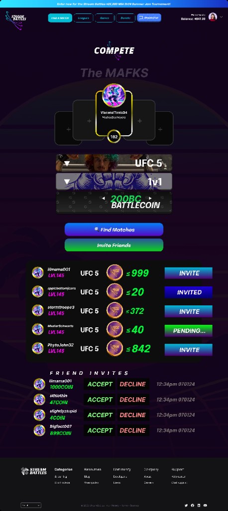 Desktop compete screen for Stream Battles showing player cards, invite states, and match setup.