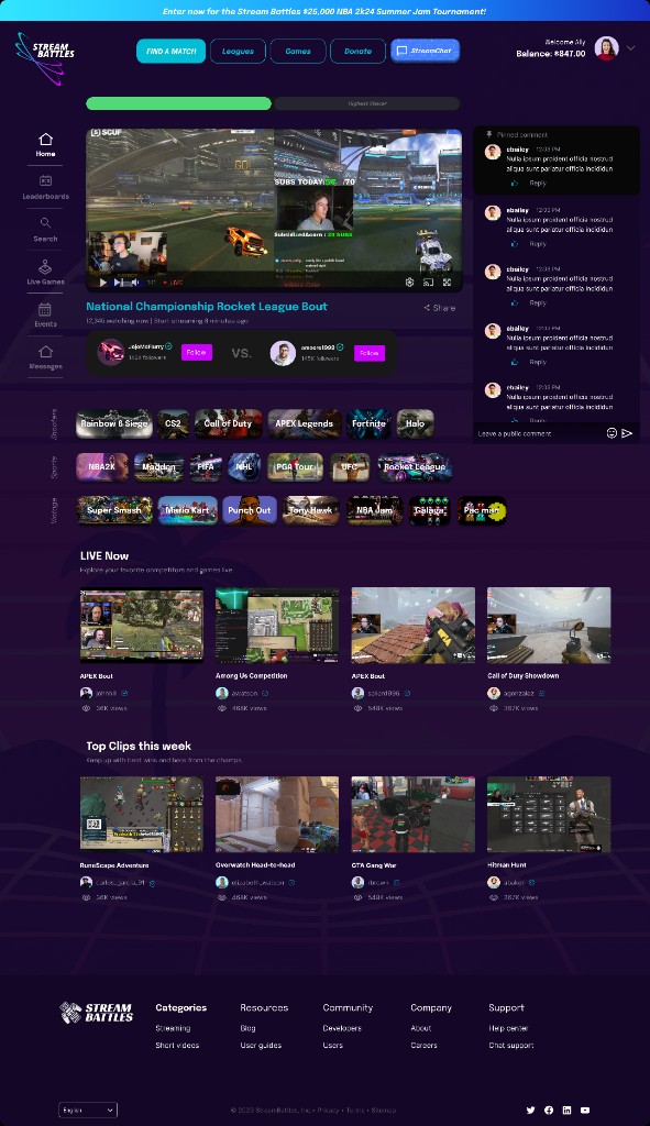 Alternate Stream Battles desktop homepage with live feed and chat engagement modules.