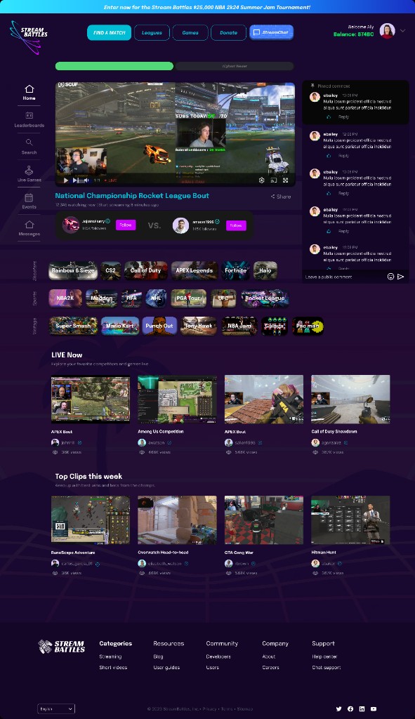 Alternate Stream Battles desktop homepage variant with game rails and content rows.