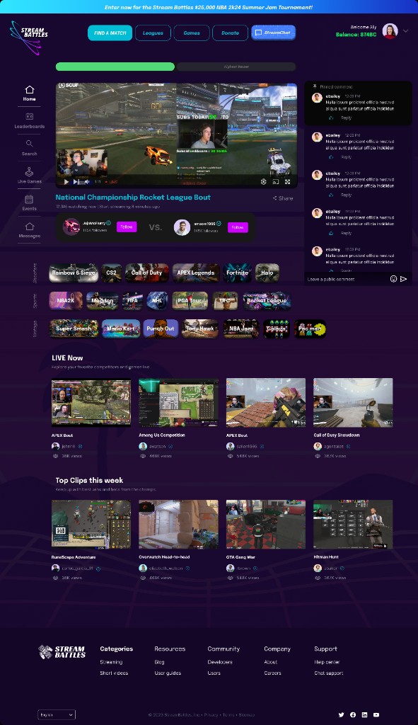 Stream Battles desktop homepage with live streams, game rails, and real-time interaction panel.