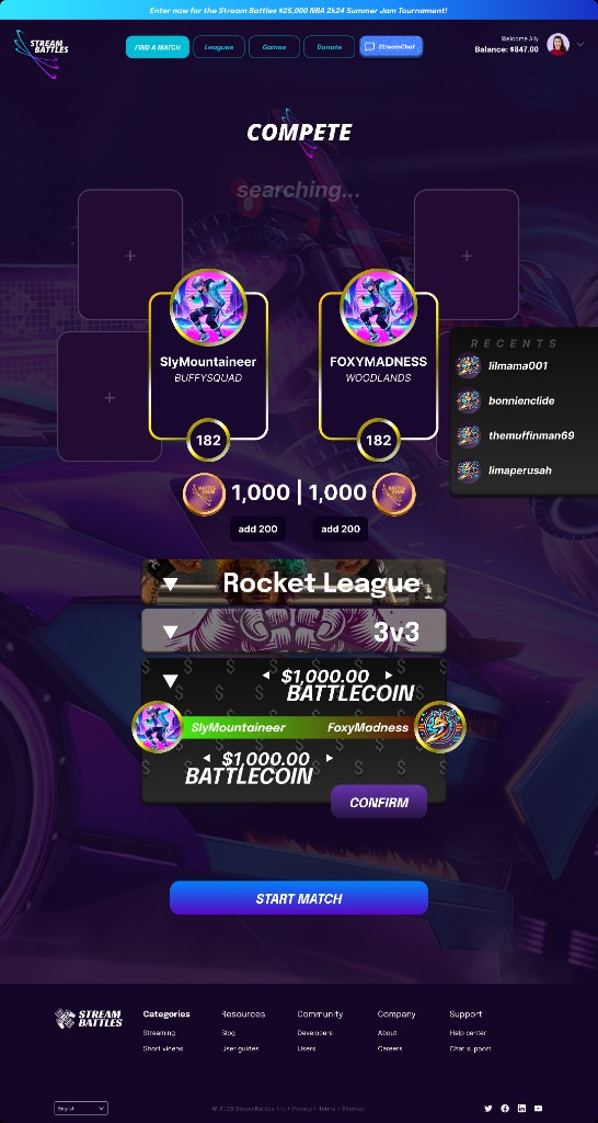 Stream Battles 3v3 matchmaking flow on mobile with live competitive setup and battle coin states.