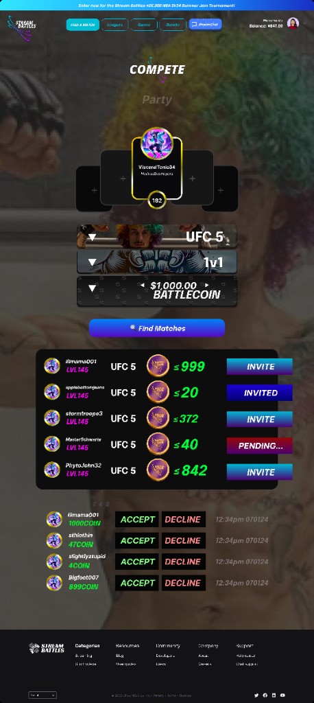Stream Battles compete interface on mobile with invitation list and engagement states.
