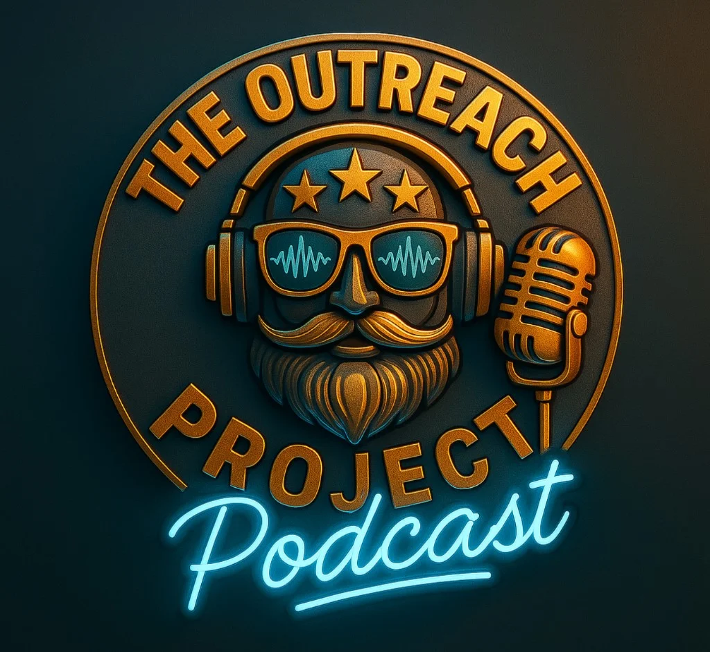 The Outreach Project Podcast badge with bronze finish and neon script.