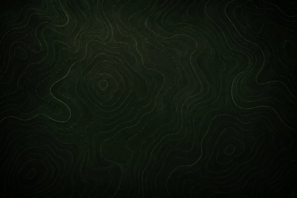 Dark green topographic contour map texture used as brand and UI atmosphere.