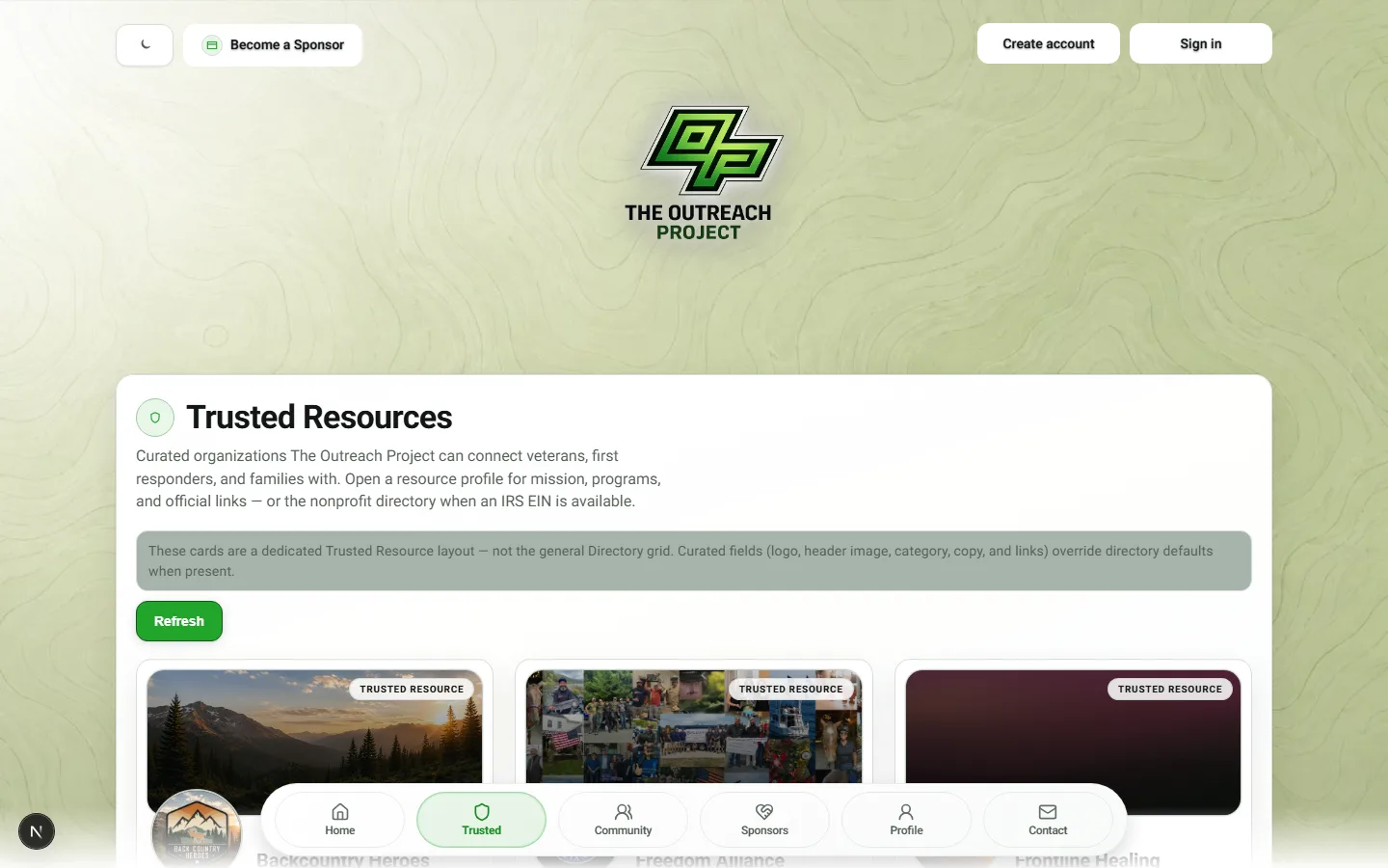 Trusted resources directory with organization cards and filters.
