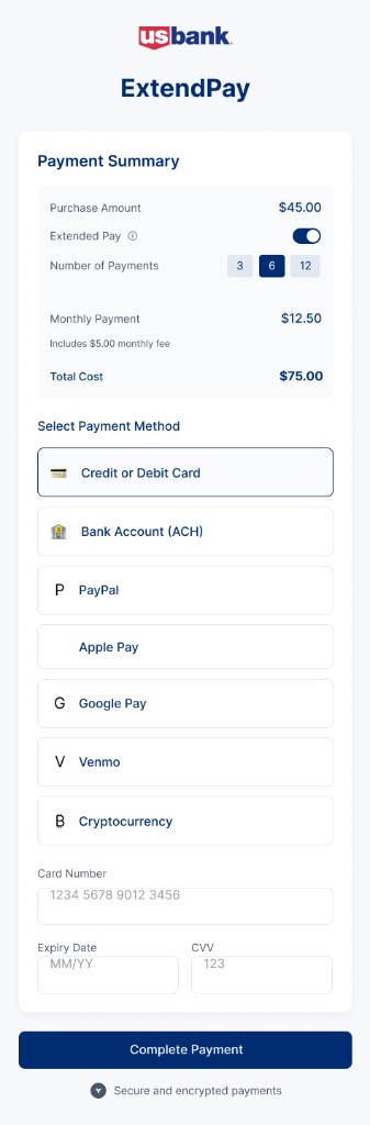 US Bank checkout with credit card fields expanded.