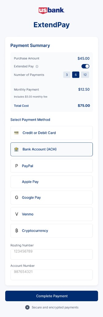 US Bank checkout with ACH routing and account fields.