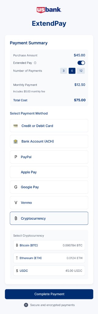 US Bank checkout with cryptocurrency asset picker.